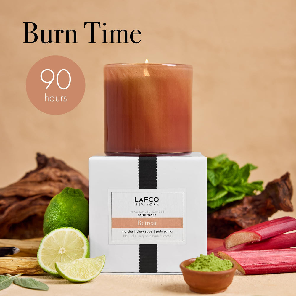 LAFCO New York Retreat candle's warm glow creates sanctuary-like atmosphere.