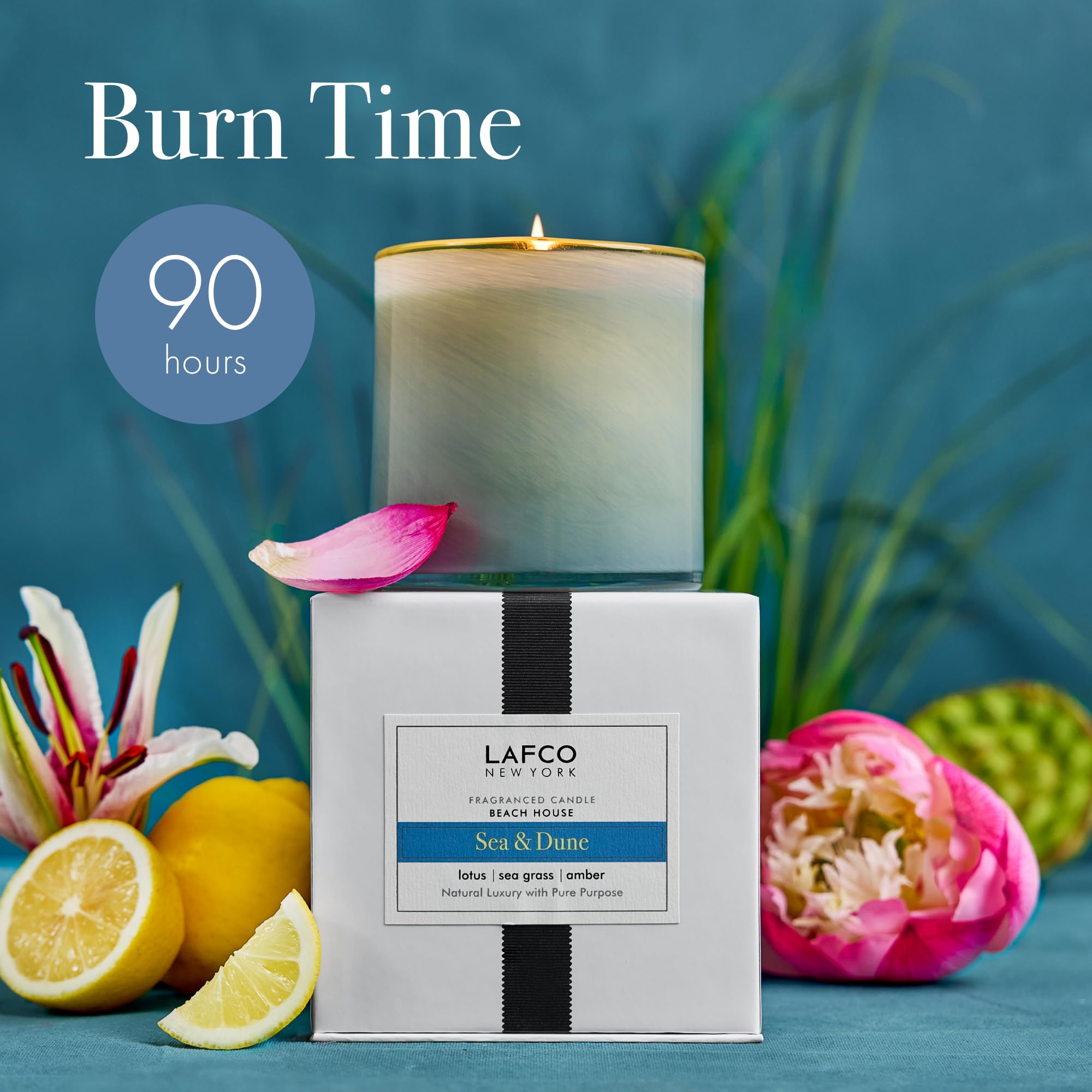 LAFCO New York Signature Sea & Dune candle lit glow creates warm ambience.
