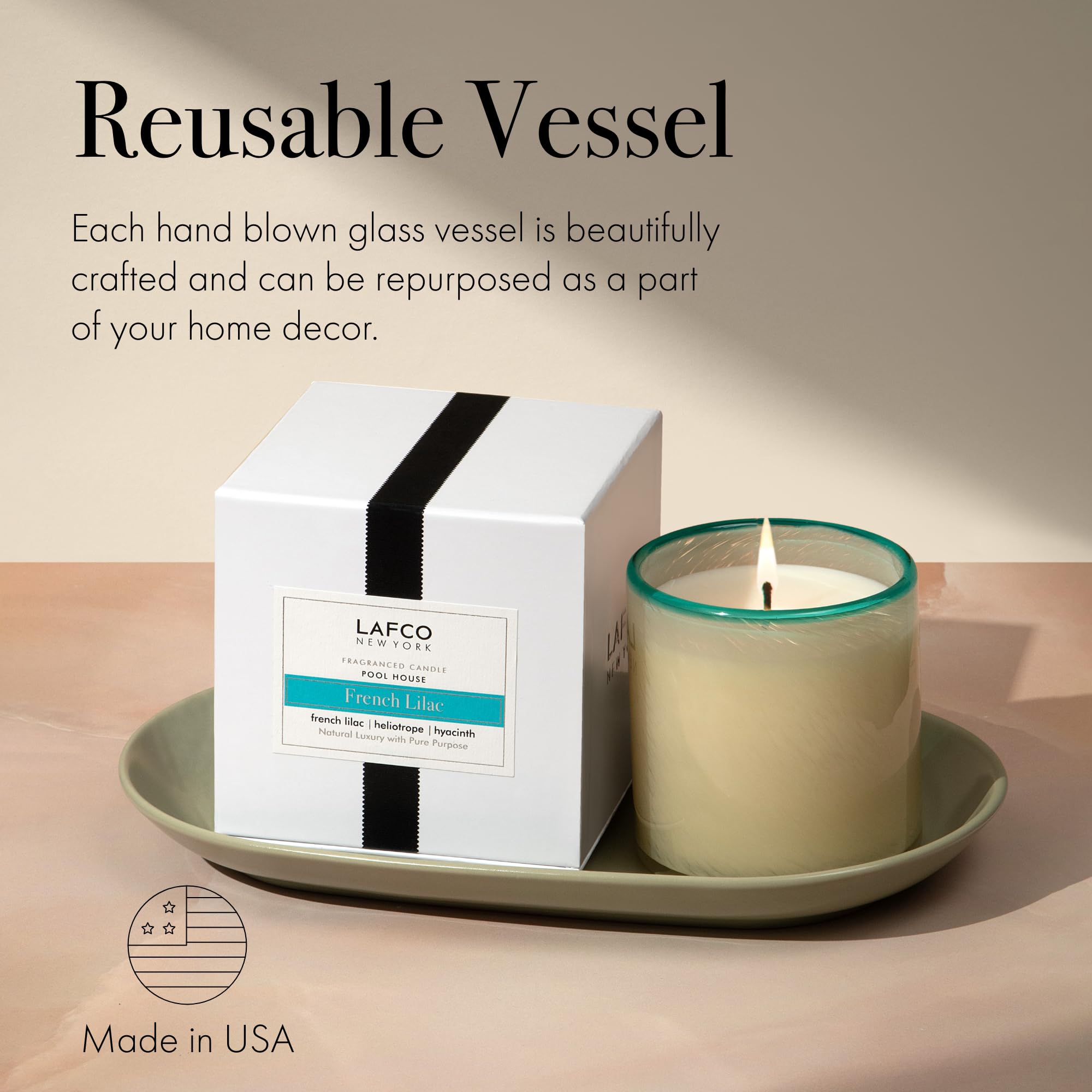 USA-made LAFCO New York candle label highlights craftsmanship and quality.