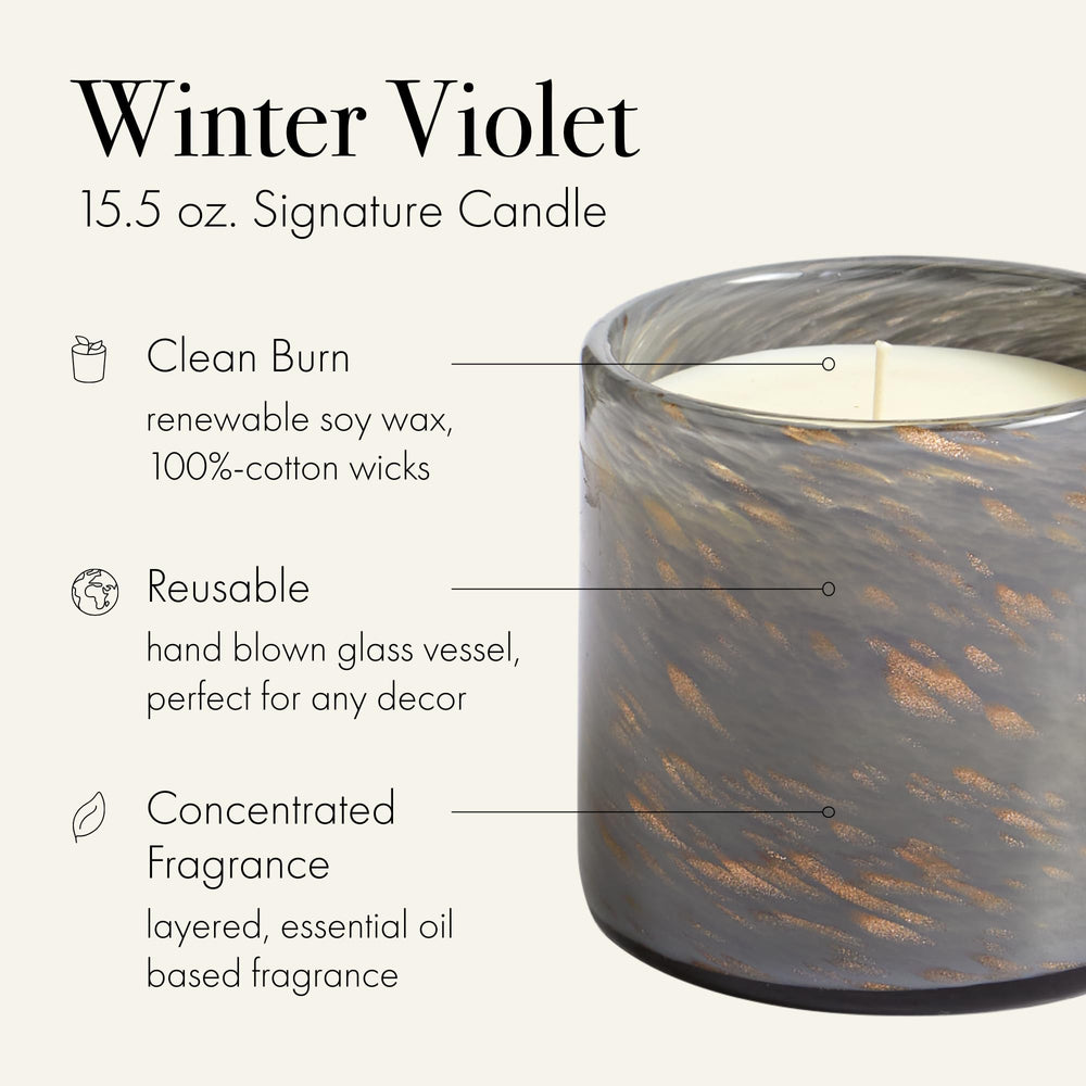LAFCO New York Winter Violet candle with hand-blown glass vessel, ideal for gifting.