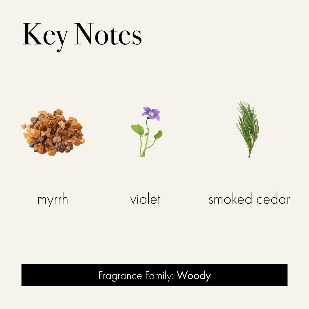 LAFCO New York Winter Violet candle emits warm, woody notes of myrrh and cedar.