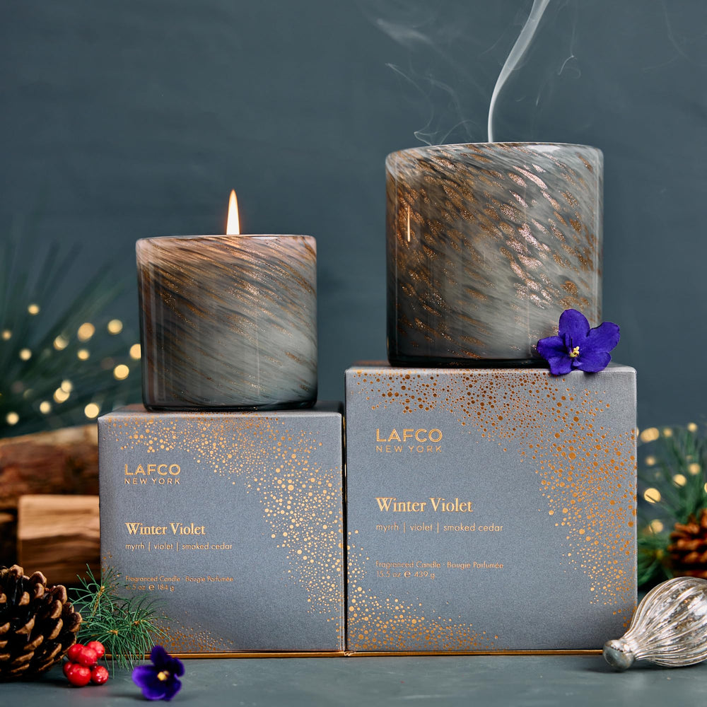 LAFCO New York Winter Violet candle, USA-made, with reusable glass vessel.