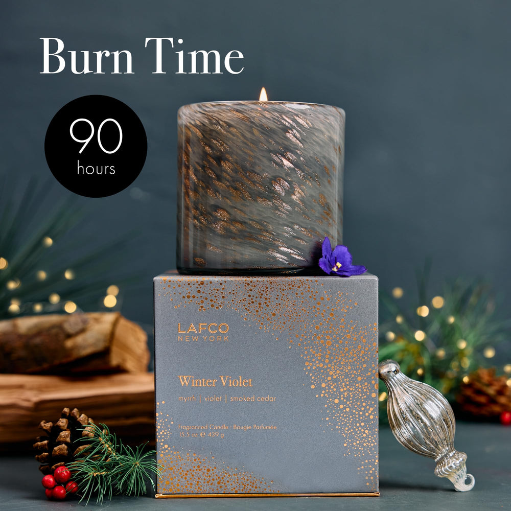LAFCO New York Winter Violet candle highlights premium soy wax and clean burn.