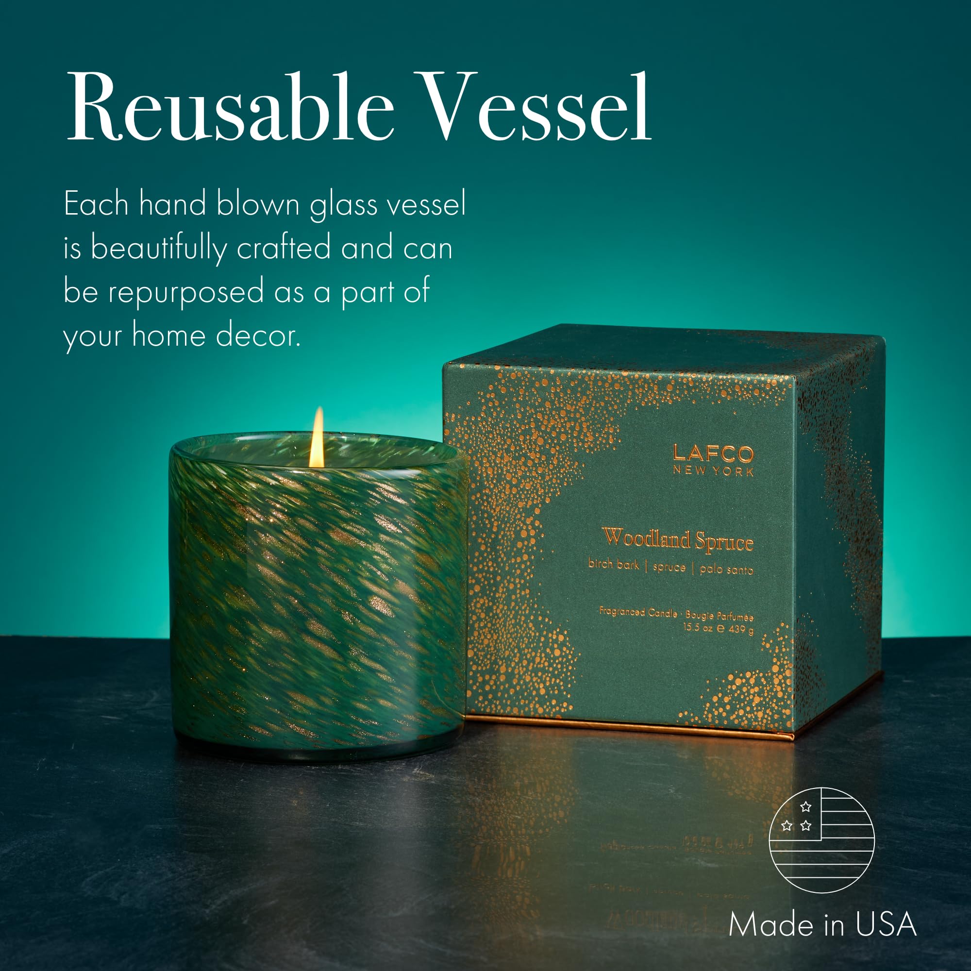 LAFCO Woodland Spruce reusable glass vessel doubles as a stylish decor piece.