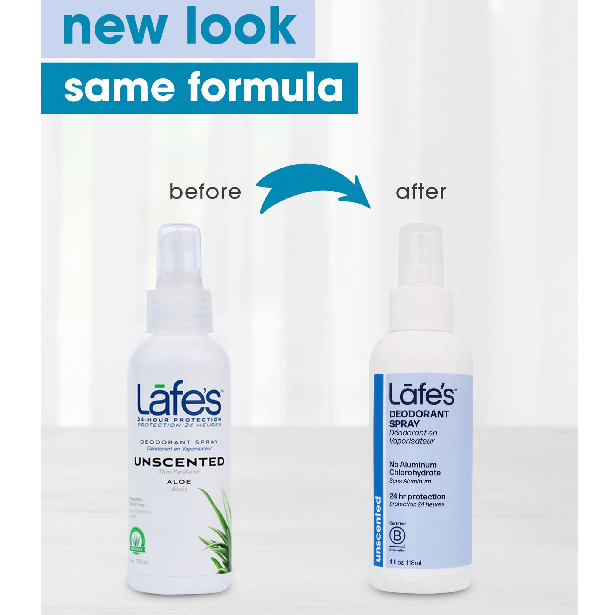 Lafes unscented deodorant spray applied under the arm for everyday use.
