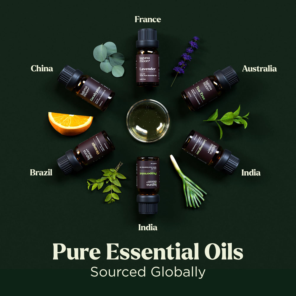Lagunamoon lavender oil bottle shown for calming aromatherapy sessions.