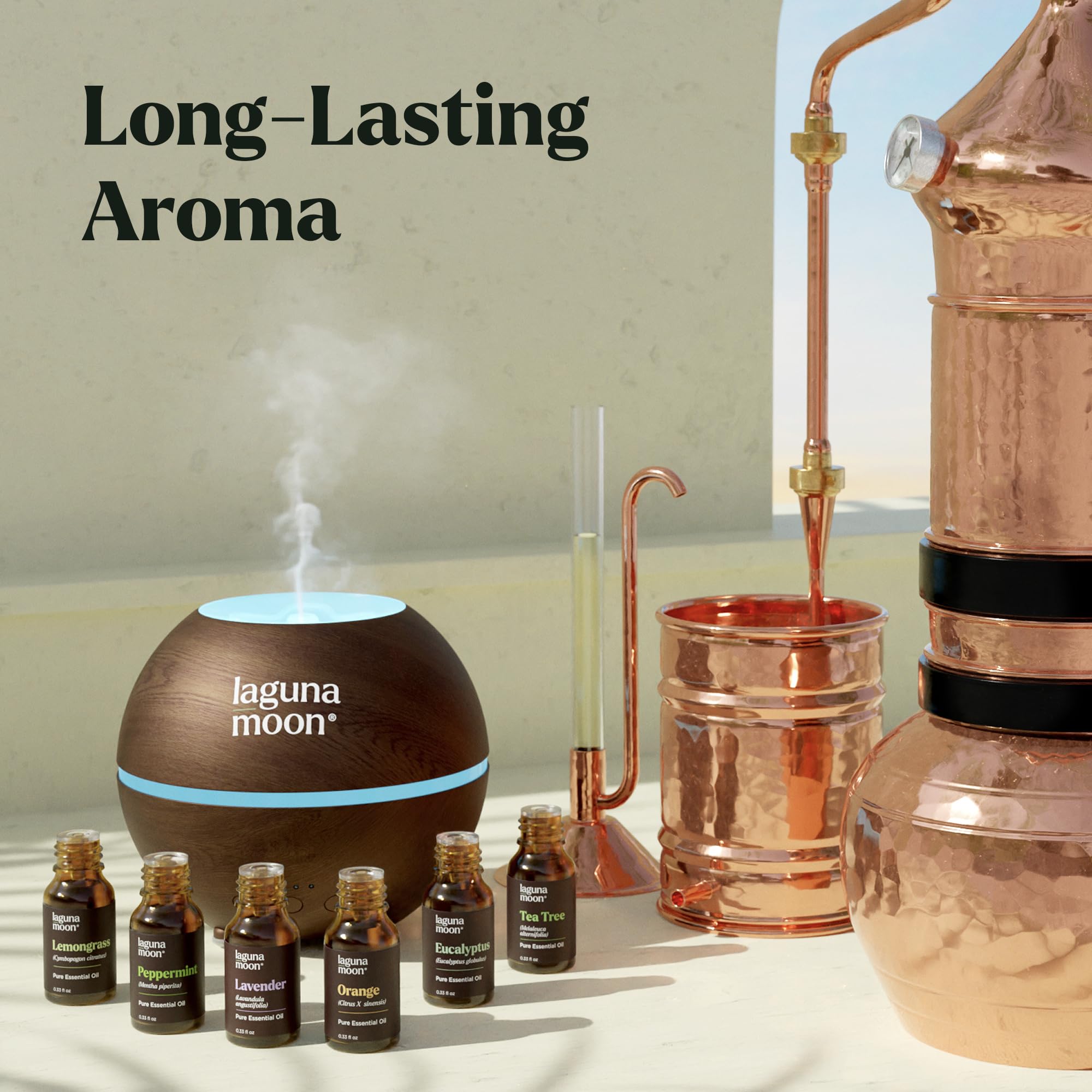 Lagunamoon tea tree oil bottle highlighted for natural diffuser use.