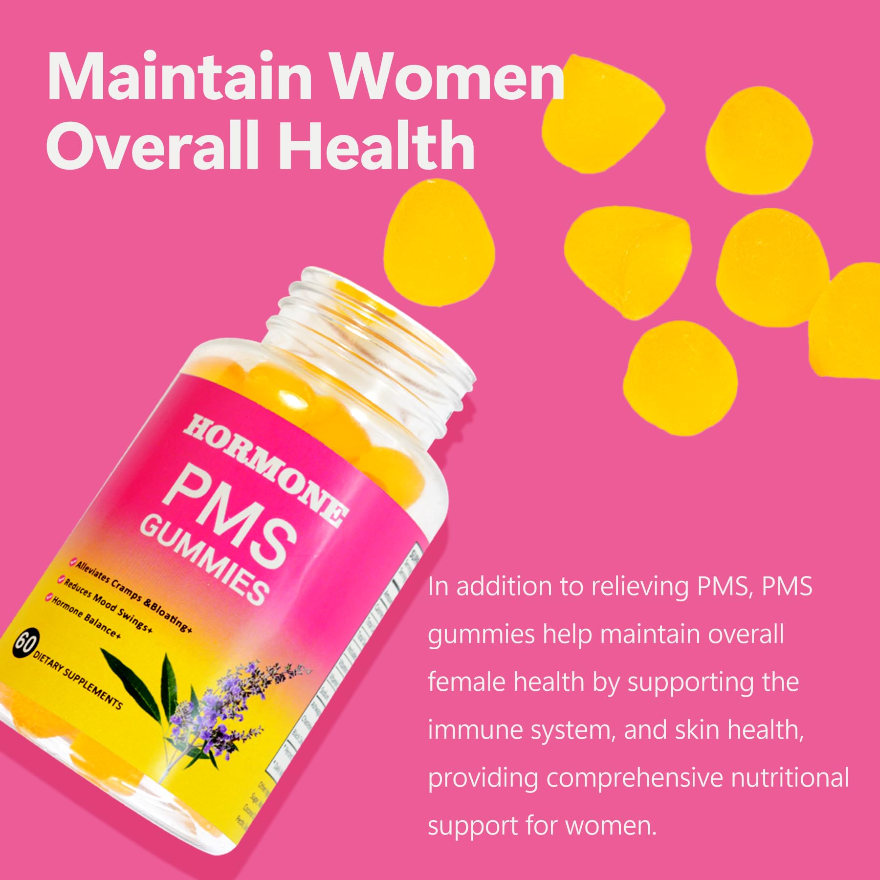 Laicuherb PMS Gummies packaging shows clean, natural formulation free from artificial additives.