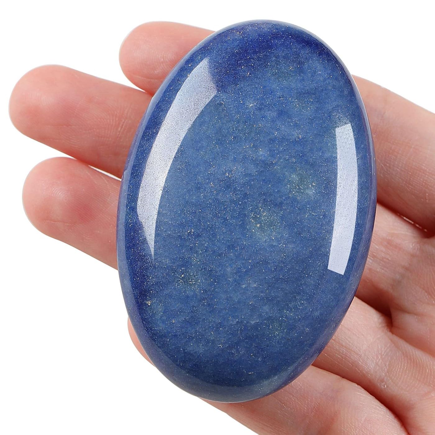 LAIDANLA Blue Aventurine palm stone on a desk supporting a tranquil workspace.