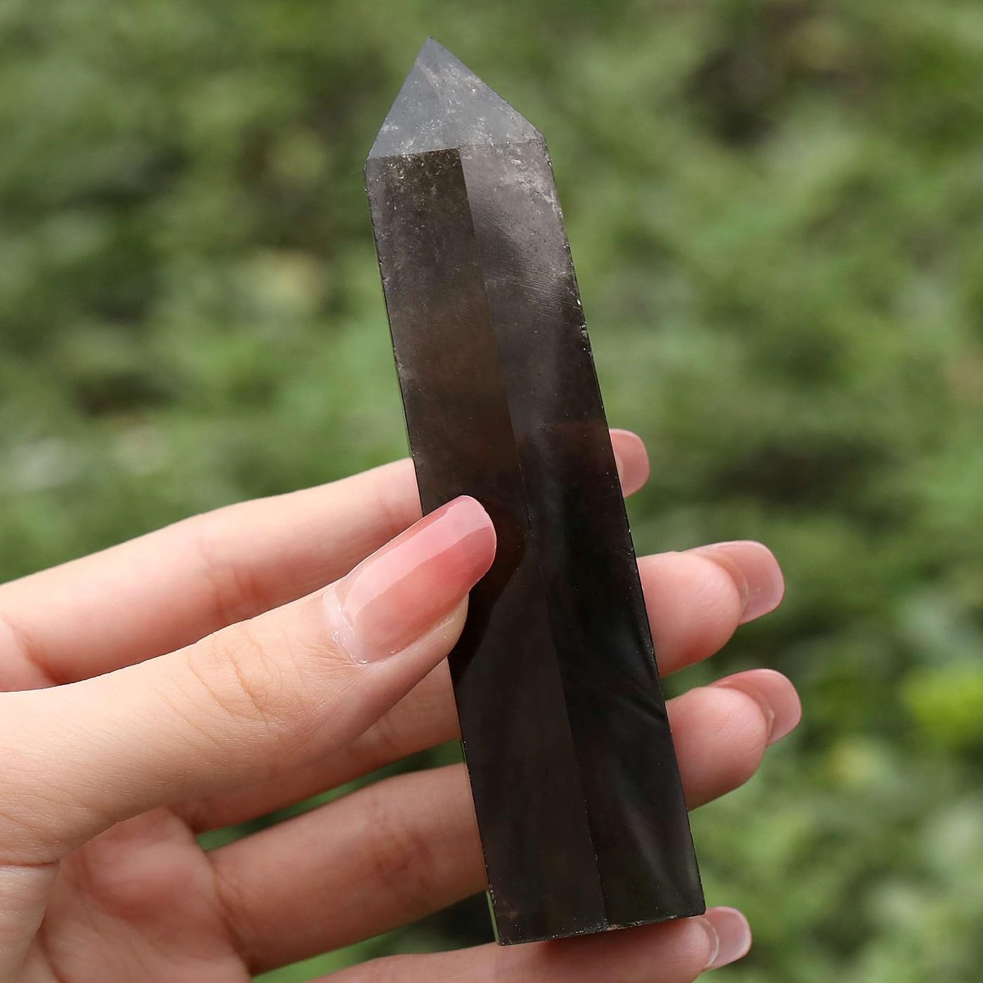 LAIDANLA Smoky Quartz wand close-up of polished hexagonal tip for meditation
