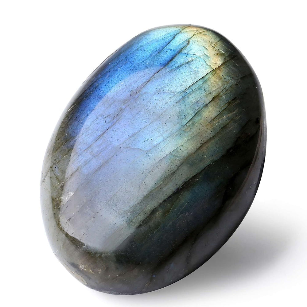 LAIDANLA Labradorite palm stone oval close-up showing calming iridescence