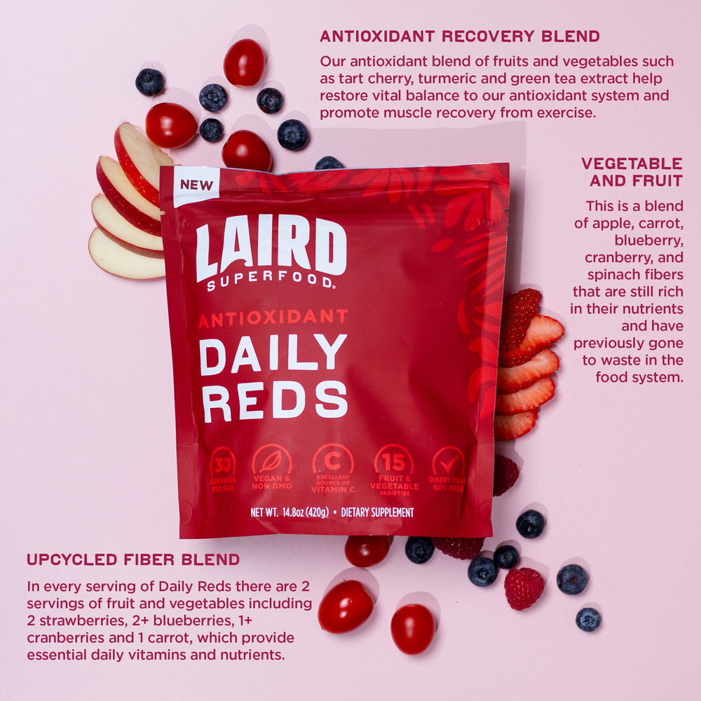 Laird Superfood Daily Reds ingredients blend with berries and carrots for natural flavor.