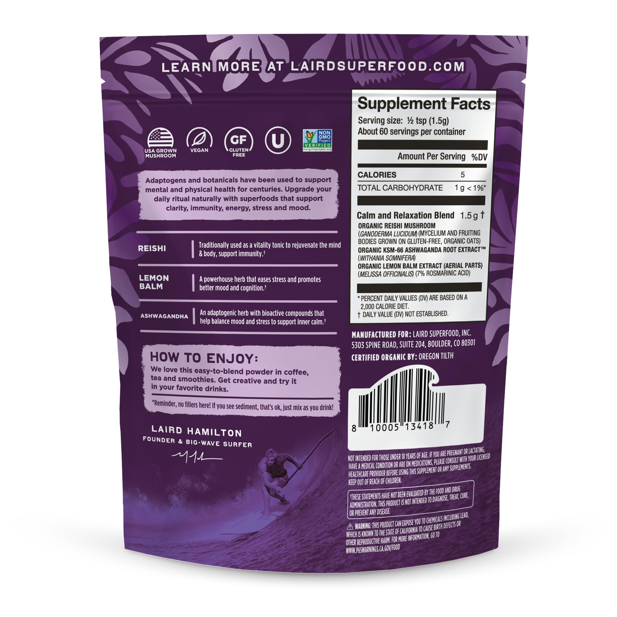 Laird Superfood Calm and Relax powder scoop illustrating easy mix into beverages