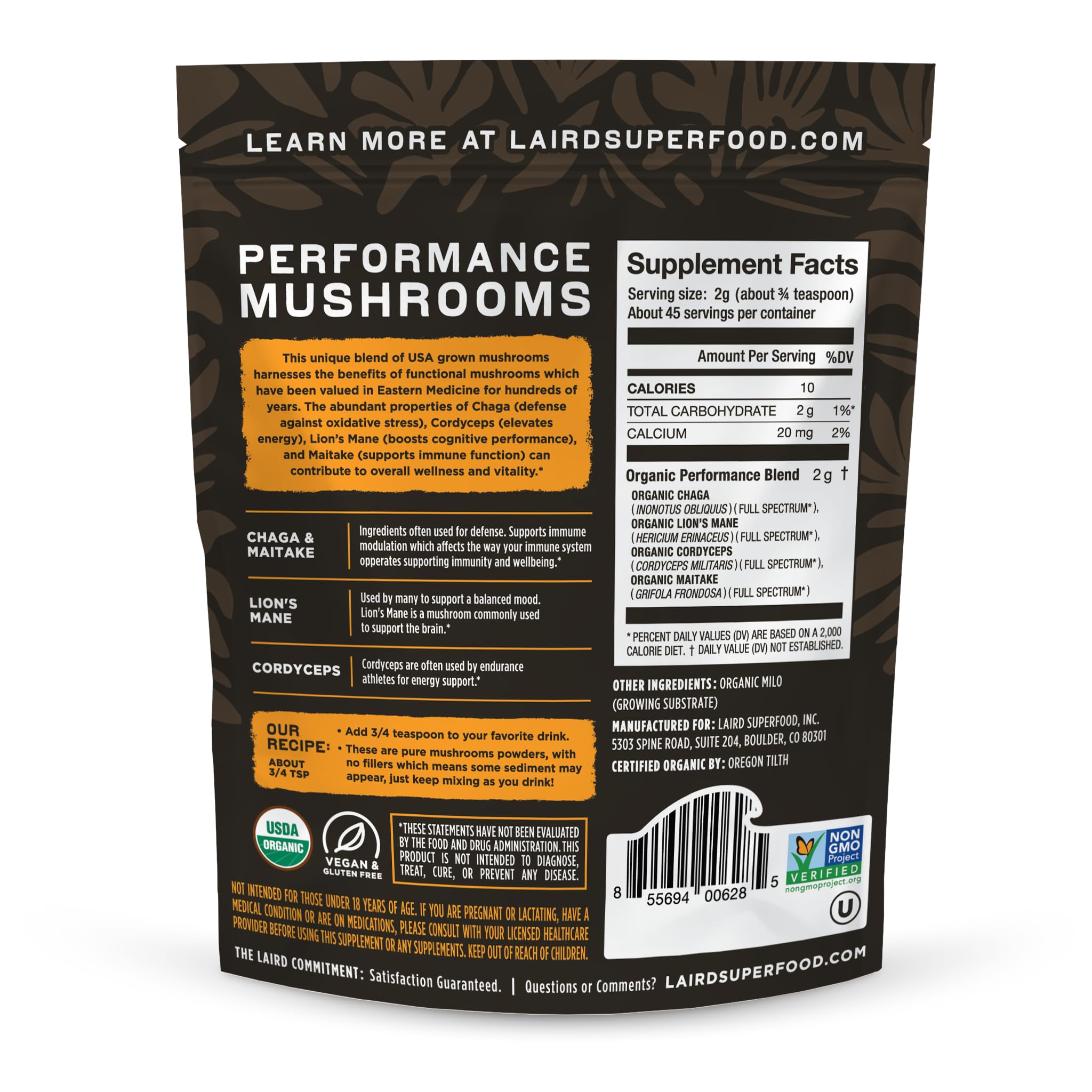 Laird Superfood mushroom powder in coffee for a smooth, energized morning.
