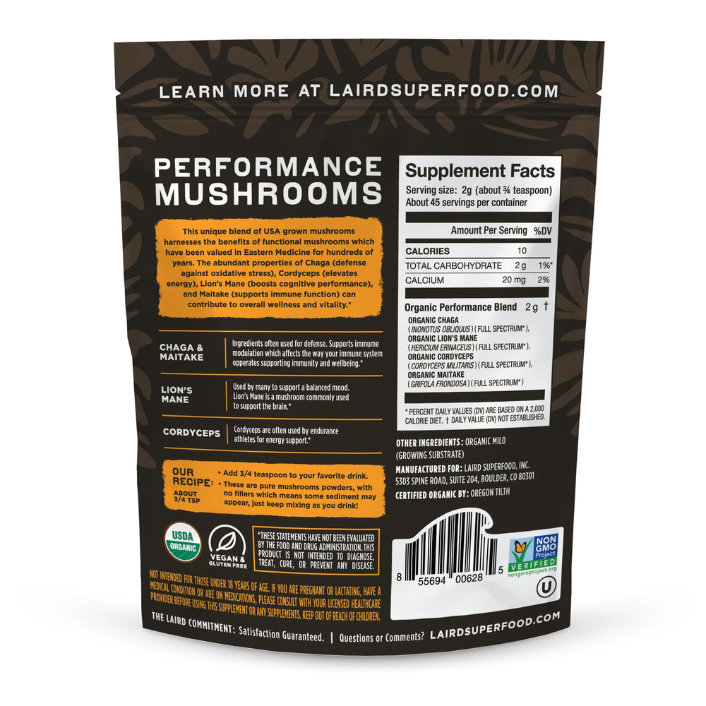 Laird Superfood mushroom powder in coffee for a smooth, energized morning.