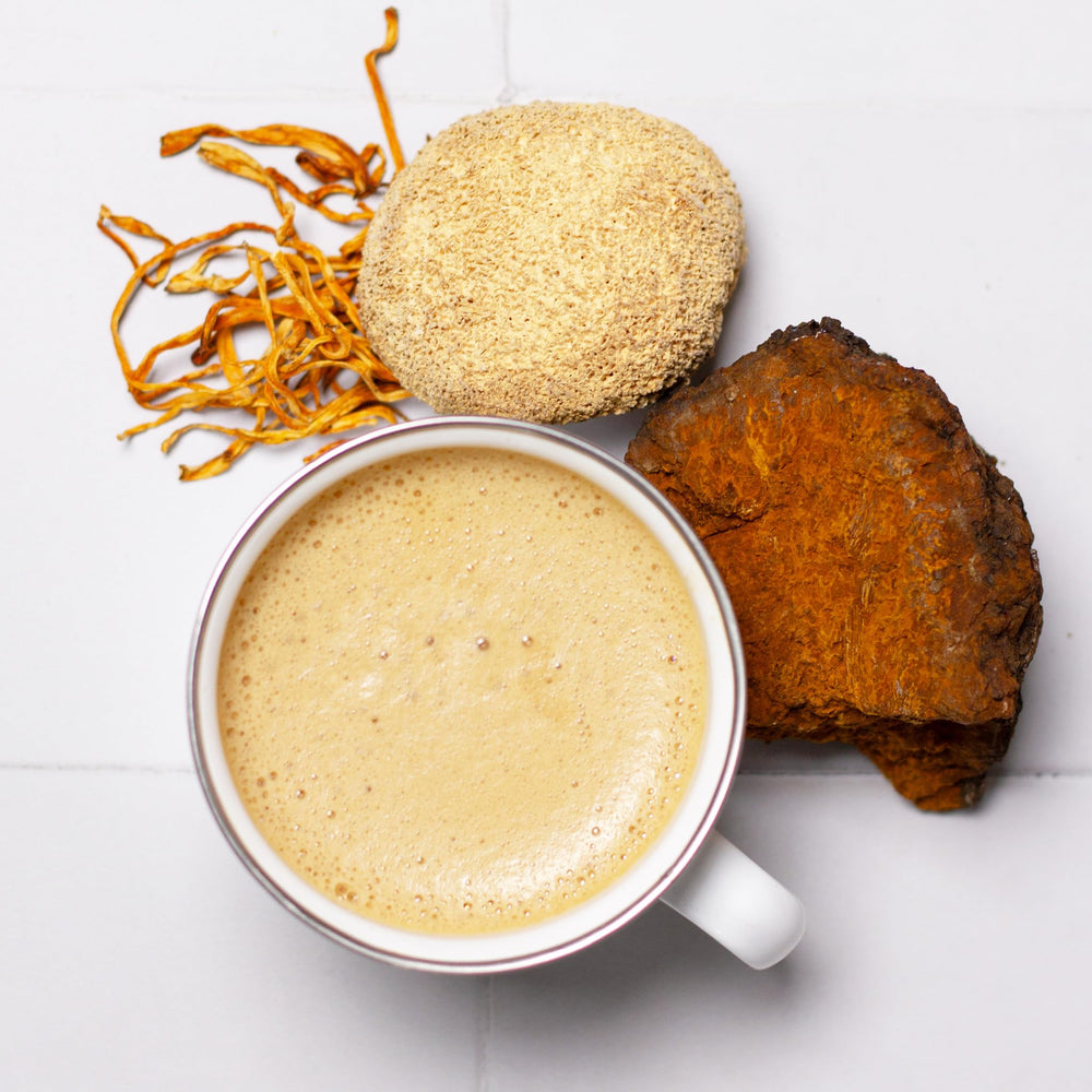 Laird Superfood mushroom powder on kitchen counter for daily rituals.