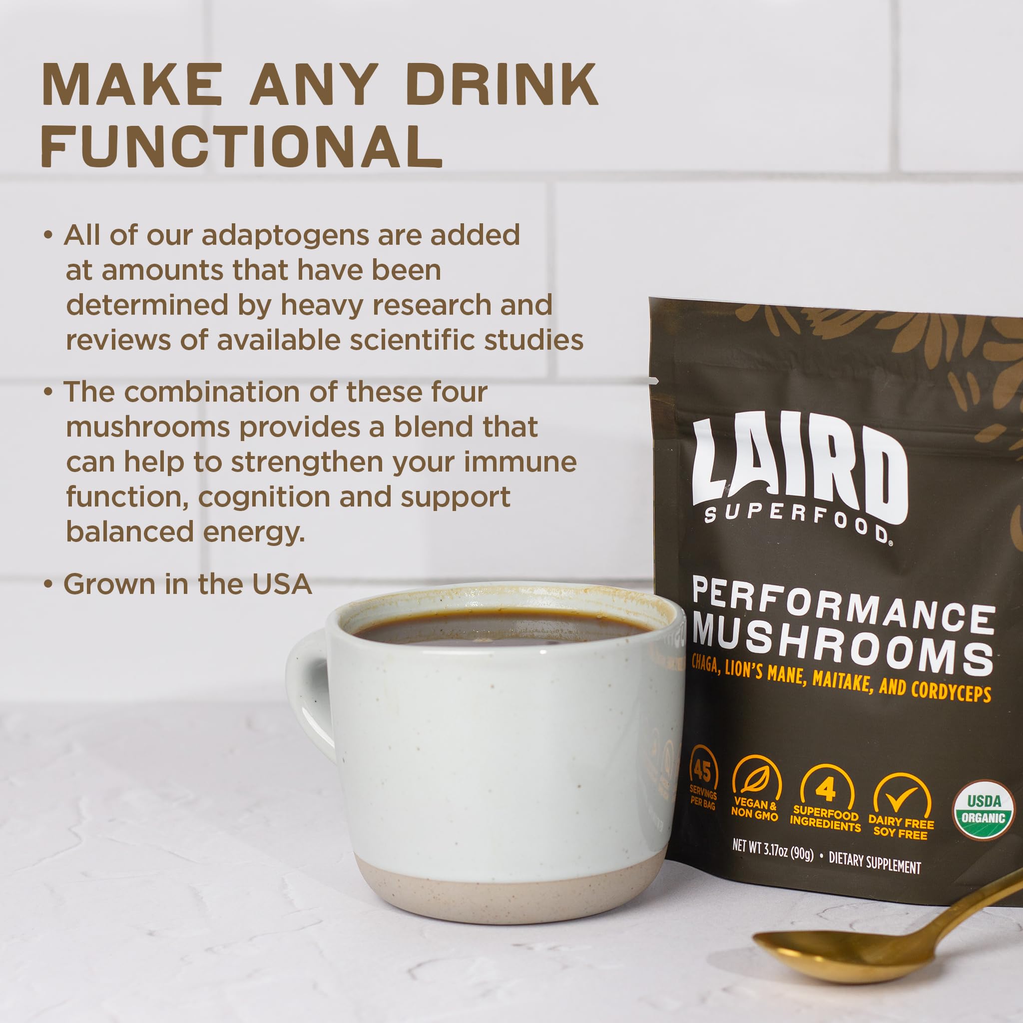 Laird Superfood mushroom powder with spoon for easy portioning.