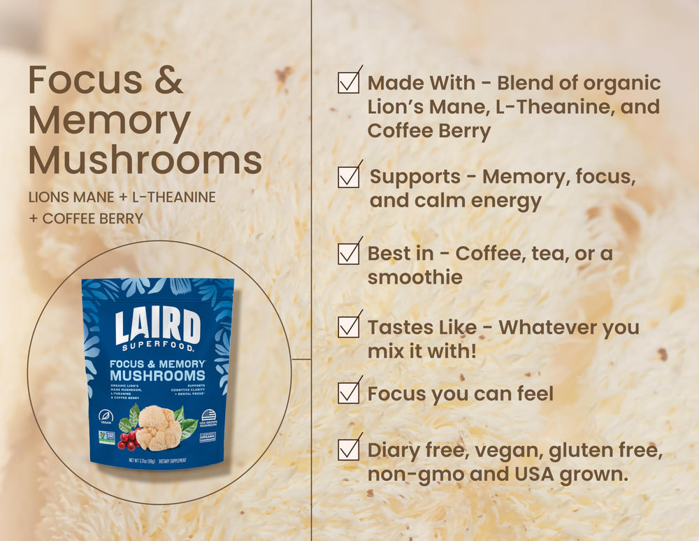 Laird Superfood Organic Focus Mushroom Blend prepared beverage in cup for versatile daily use