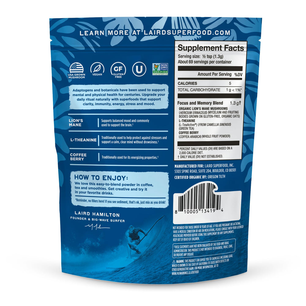 Laird Superfood Organic Focus Mushroom Blend scoop for quick, convenient mental focus