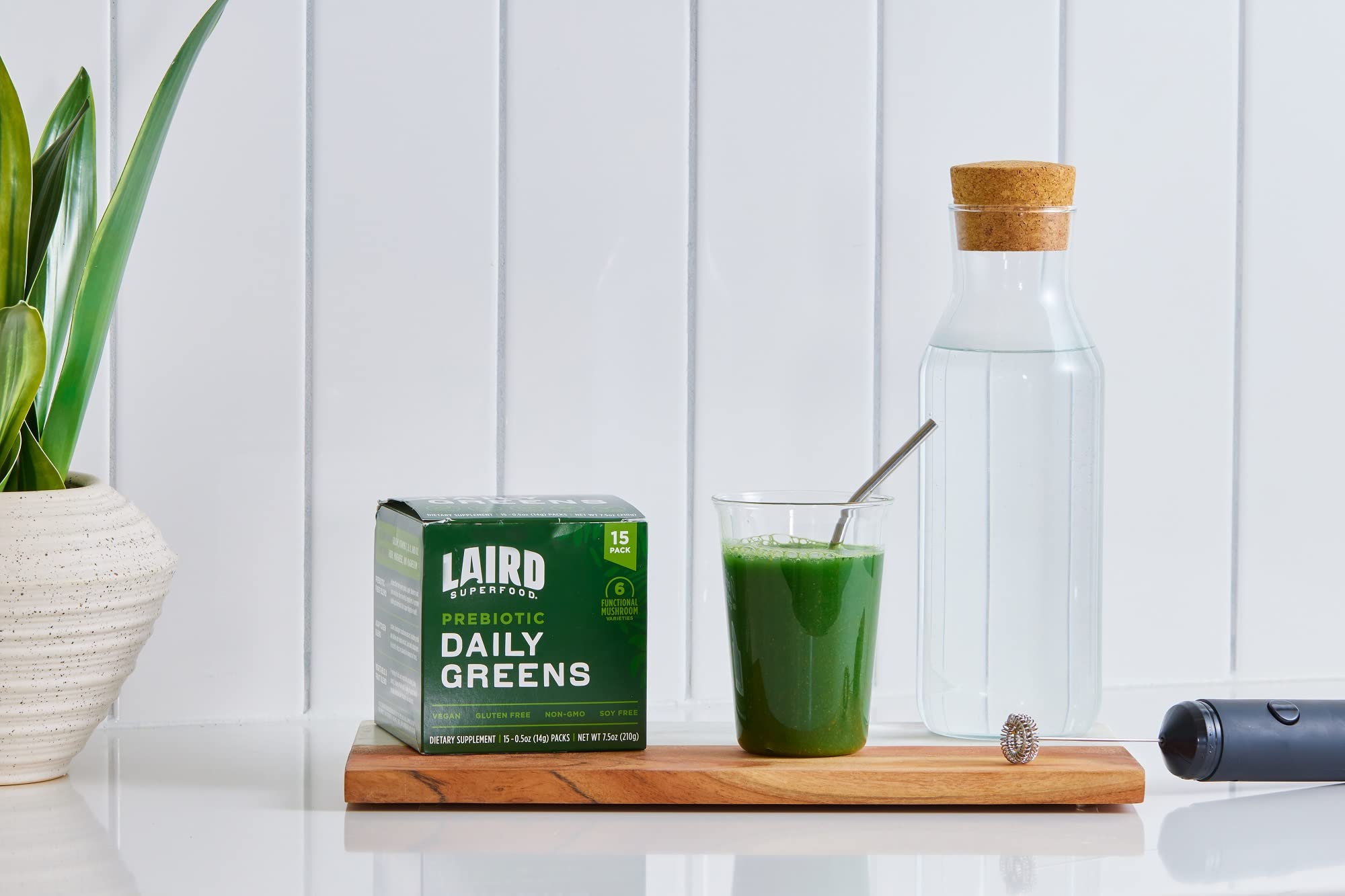 15-pack box display of Laird Superfood Prebiotic Daily Greens for daily use.