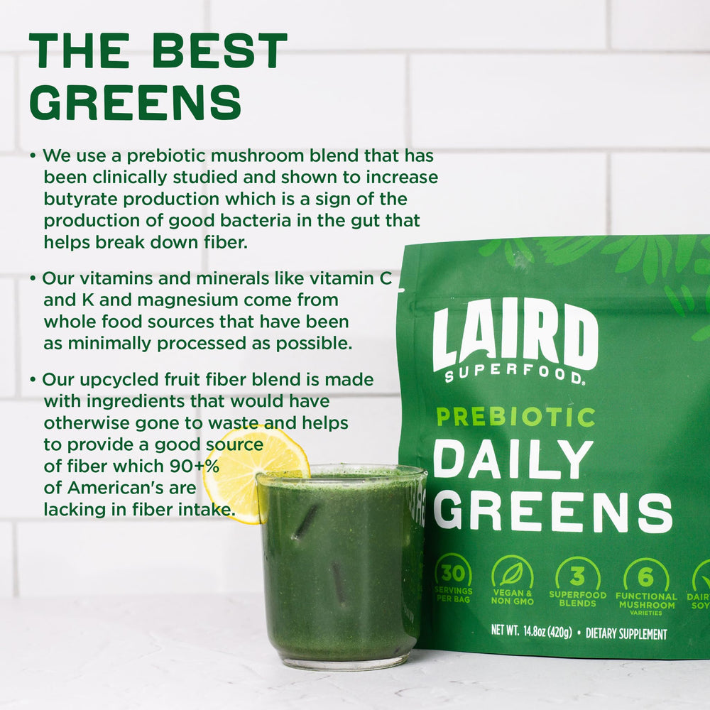 Baby carrots illustrate the vegetable base in Laird Superfood Prebiotic Daily Greens.