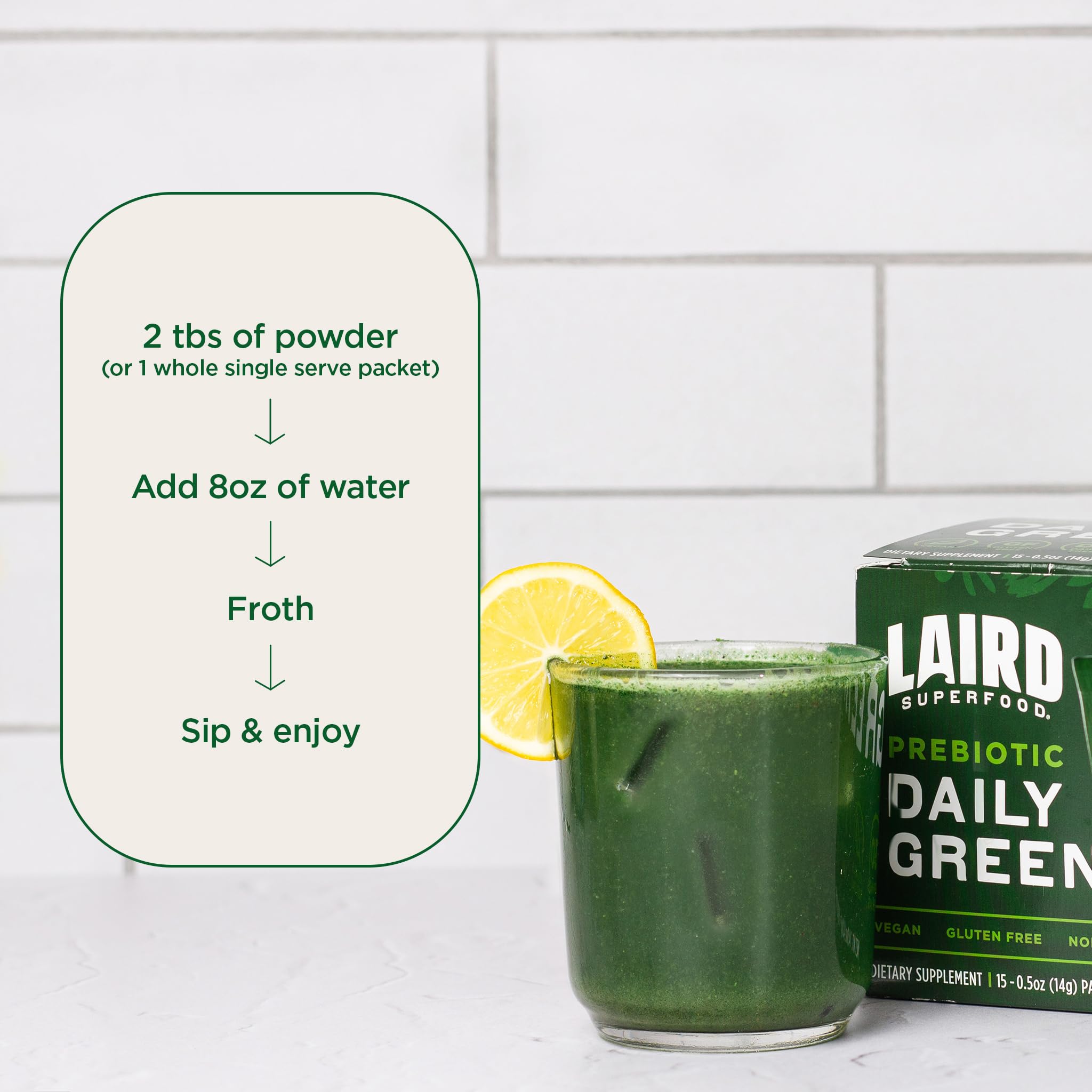 Kale leaves showcase vibrant greens in Laird Superfood Prebiotic Daily Greens.