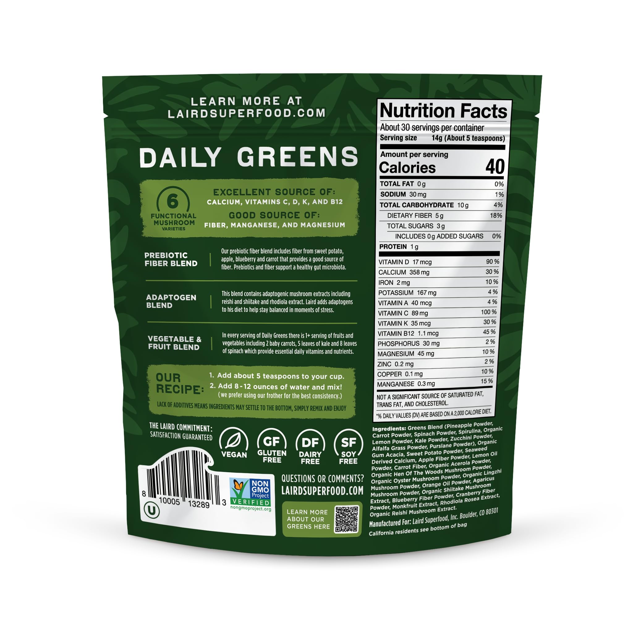 Laird Superfood label close-up shows minerals and vegan, non-GMO credentials