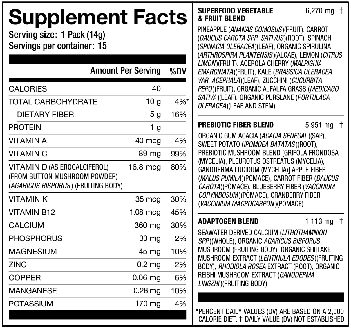 Nutrition panel of Laird Superfood Prebiotic Daily Greens highlights minerals and vitamins.