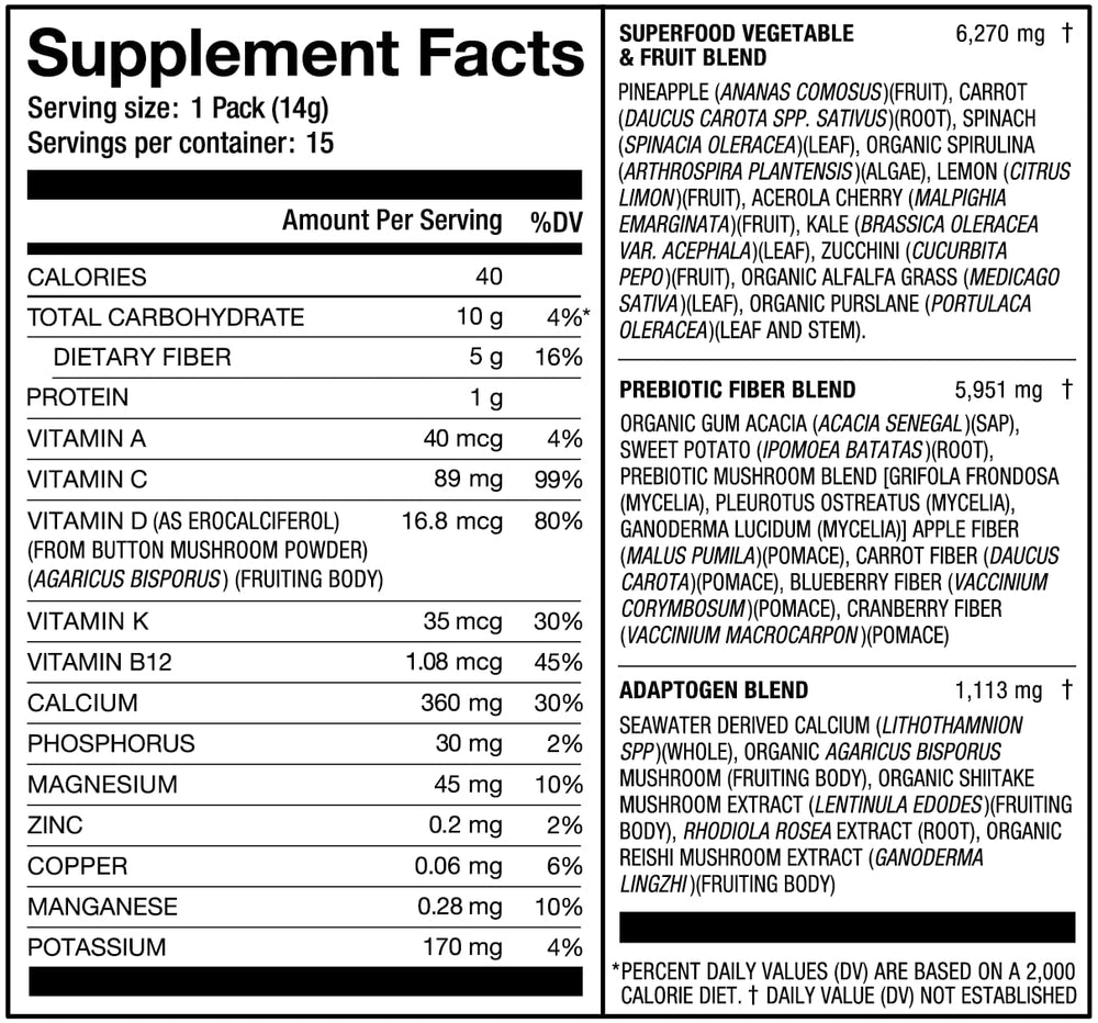 Nutrition panel of Laird Superfood Prebiotic Daily Greens highlights minerals and vitamins.