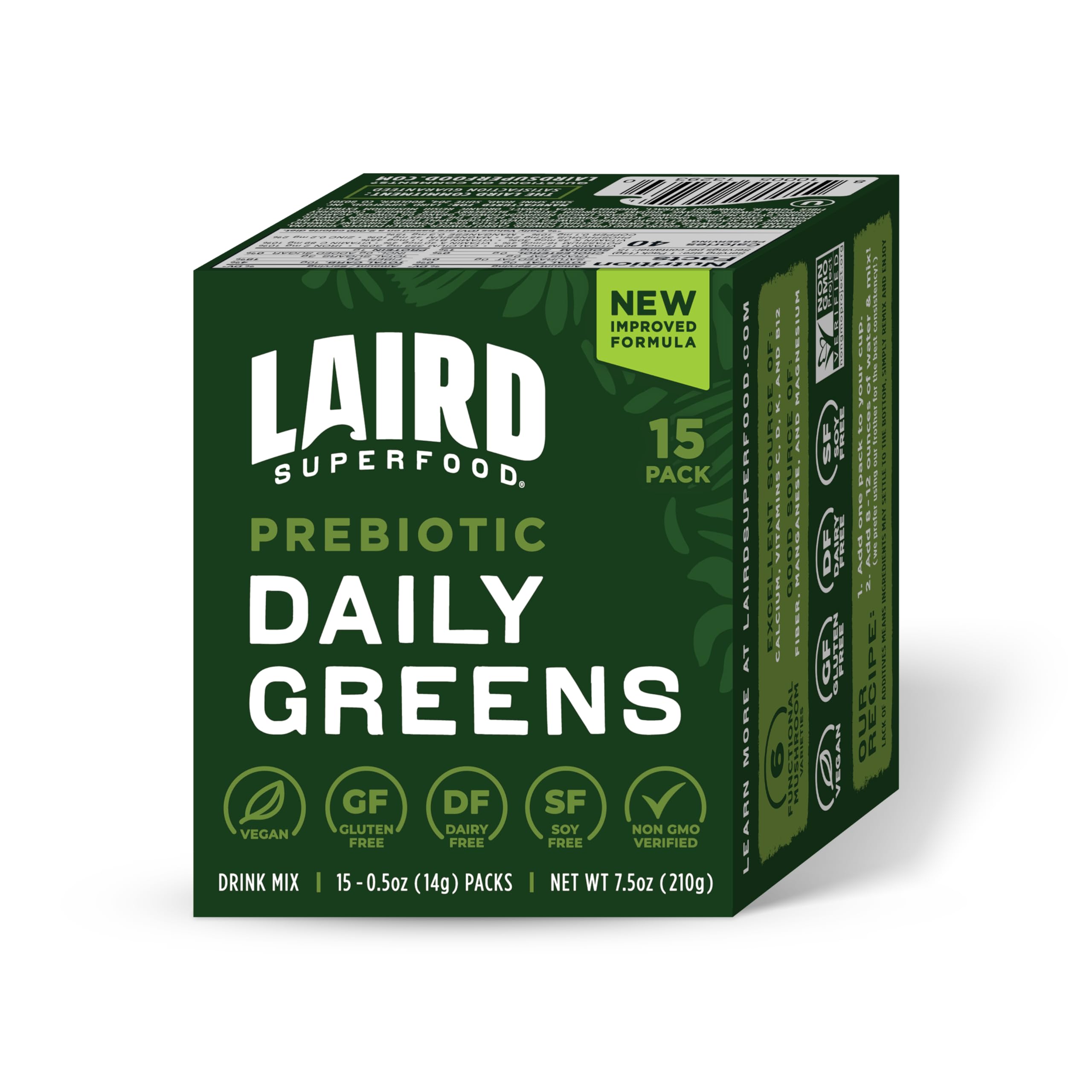 Laird Superfood Prebiotic Daily Greens packaging front for convenient daily nutrition.
