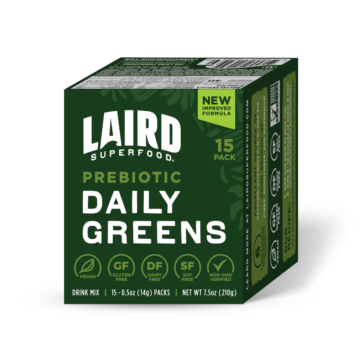 Laird Superfood Prebiotic Daily Greens packaging front for convenient daily nutrition.