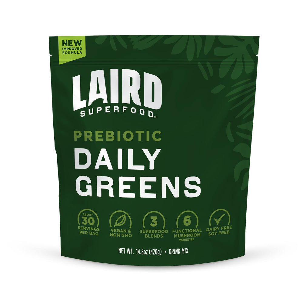 Laird Superfood Prebiotic Daily Greens powder tub highlights vitamin-rich blend for daily nutrition