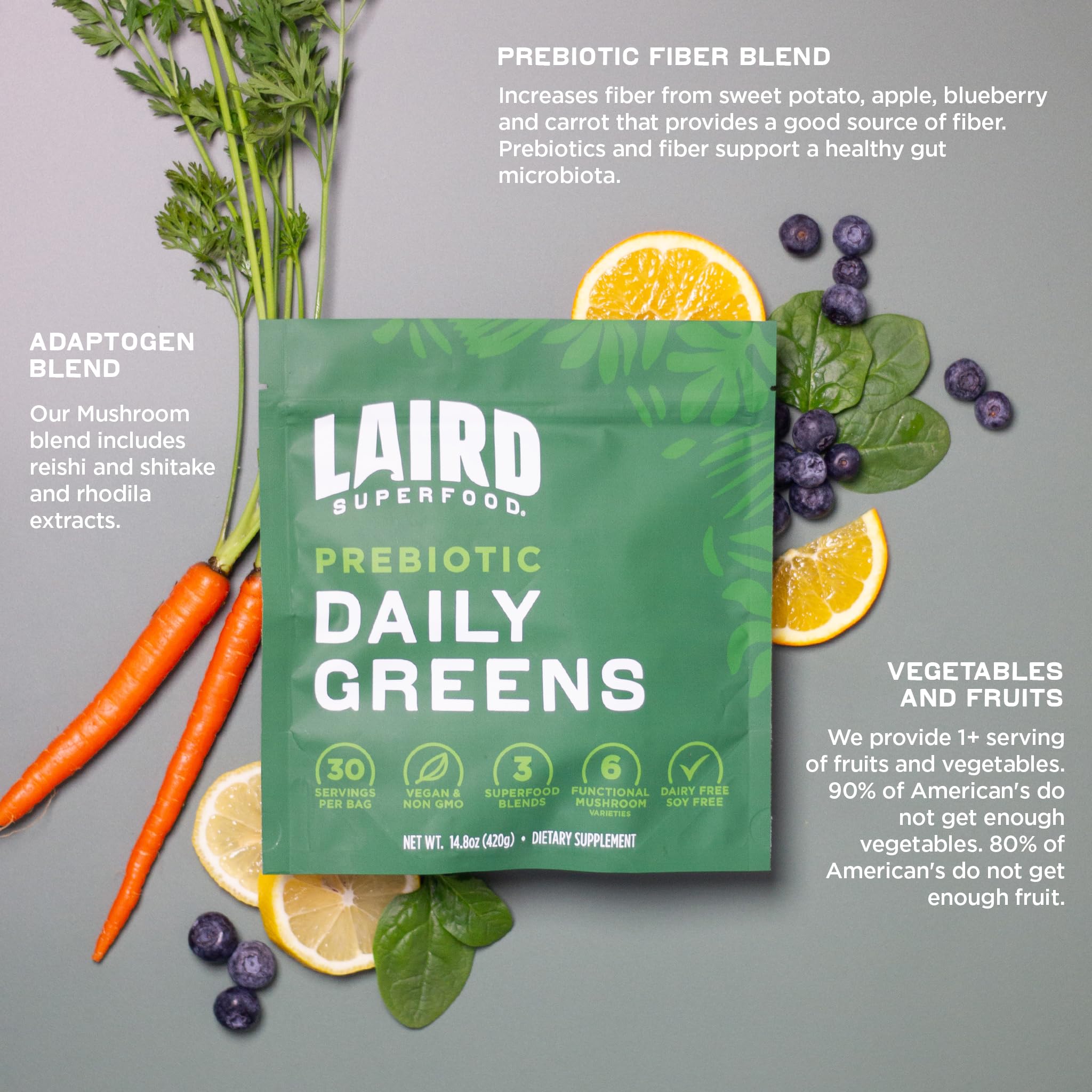 Spinach leaves highlight the leafy greens in Laird Superfood Prebiotic Daily Greens.