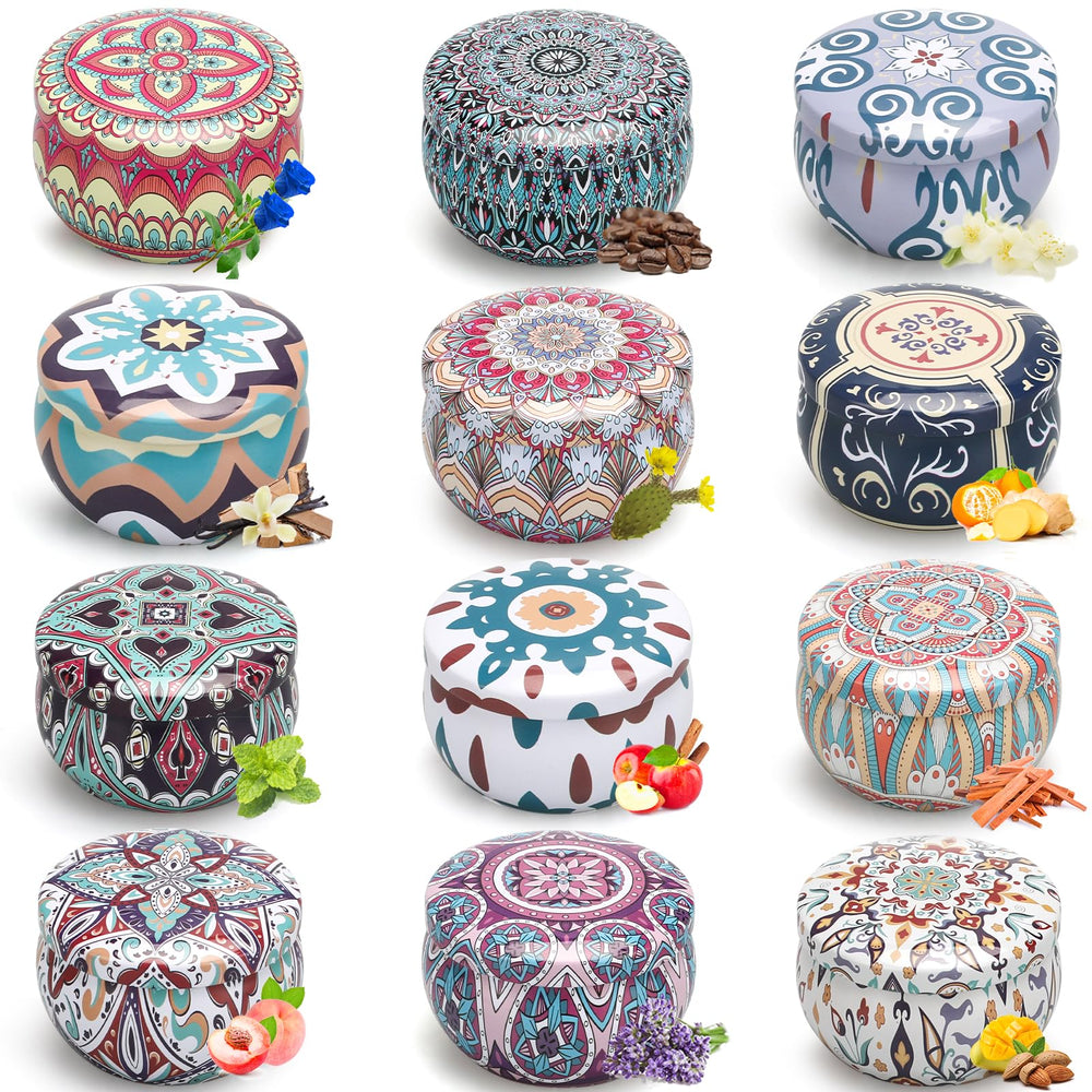 LAJDL decorative candle set with patterned tins enhances shelves and coffee tables.