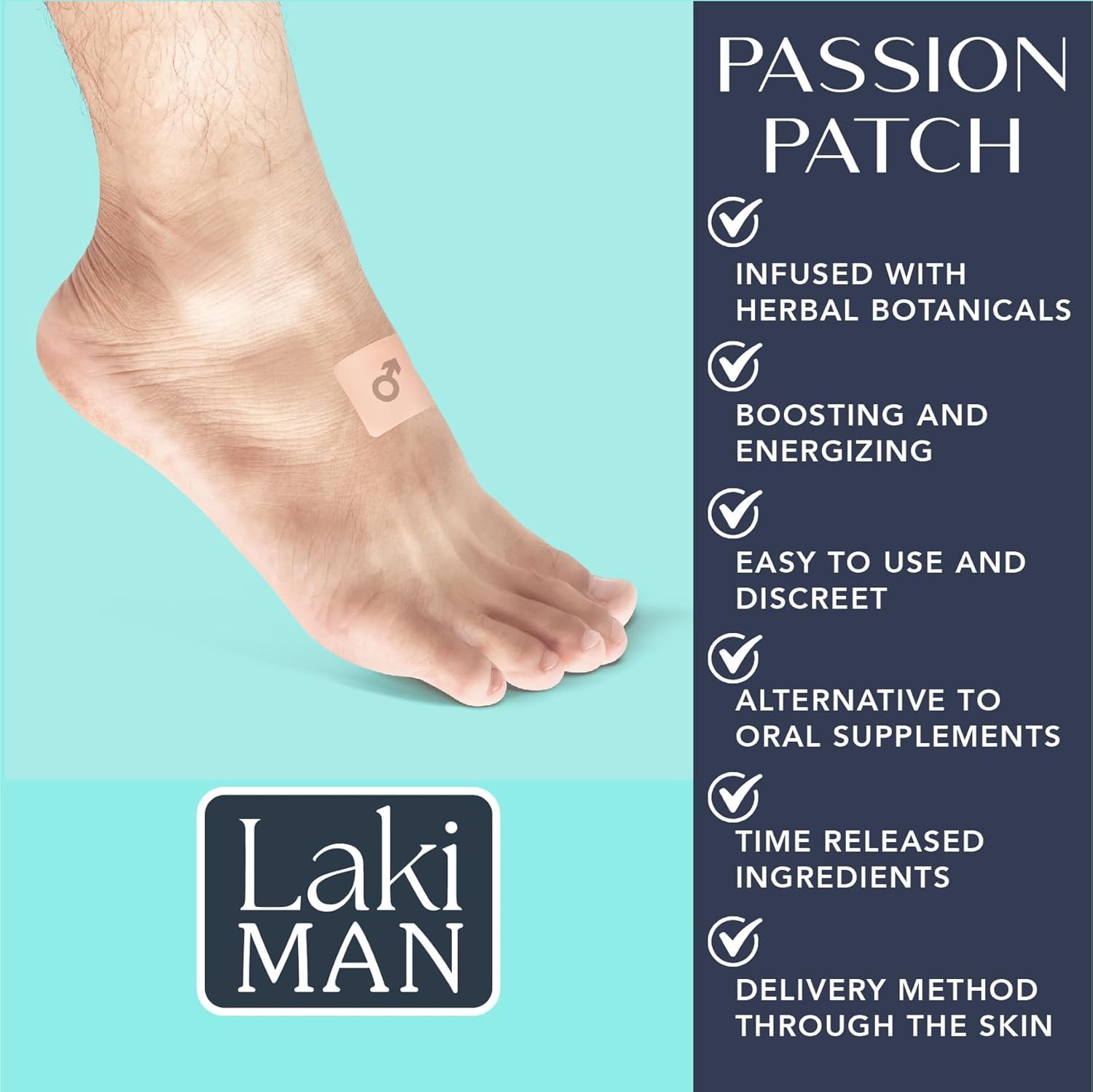 Laki Naturals Passion Patch on skin discreetly enhancing vitality and comfort.