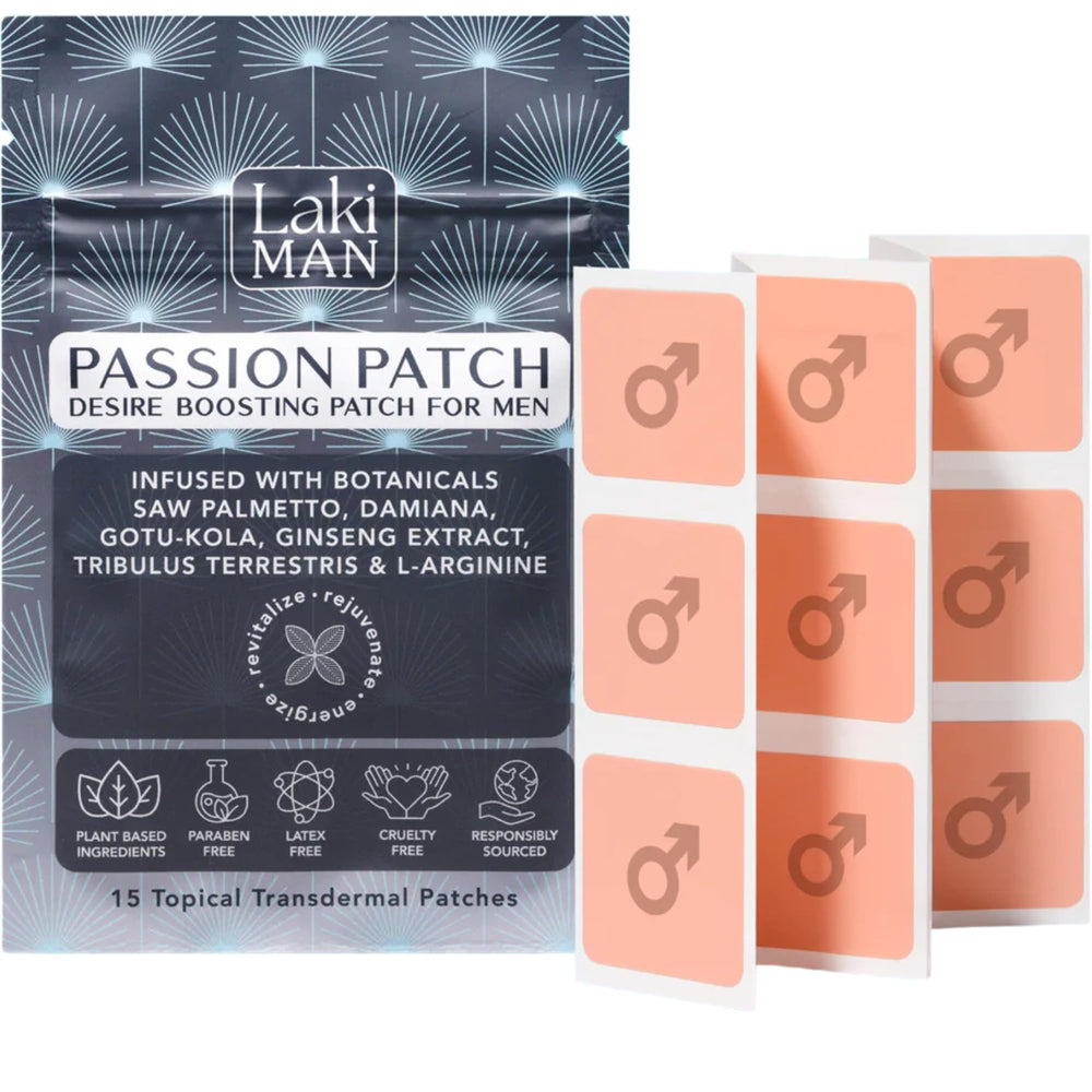 Laki Naturals Passion Patch pack 15 closeup showing compact, portable design for steady vitality.
