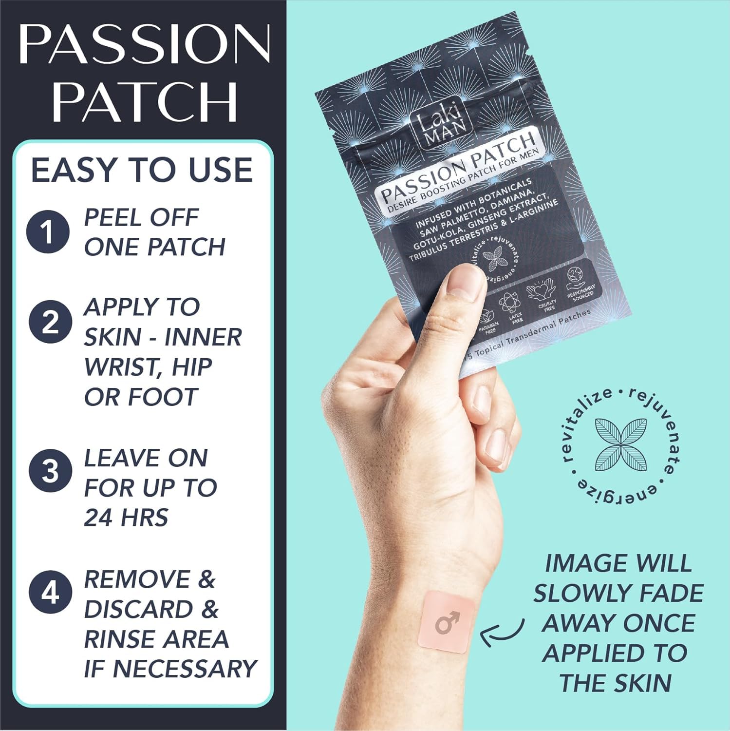 Laki Naturals Passion Patch packaging highlights travel-friendly, plant-based formula.