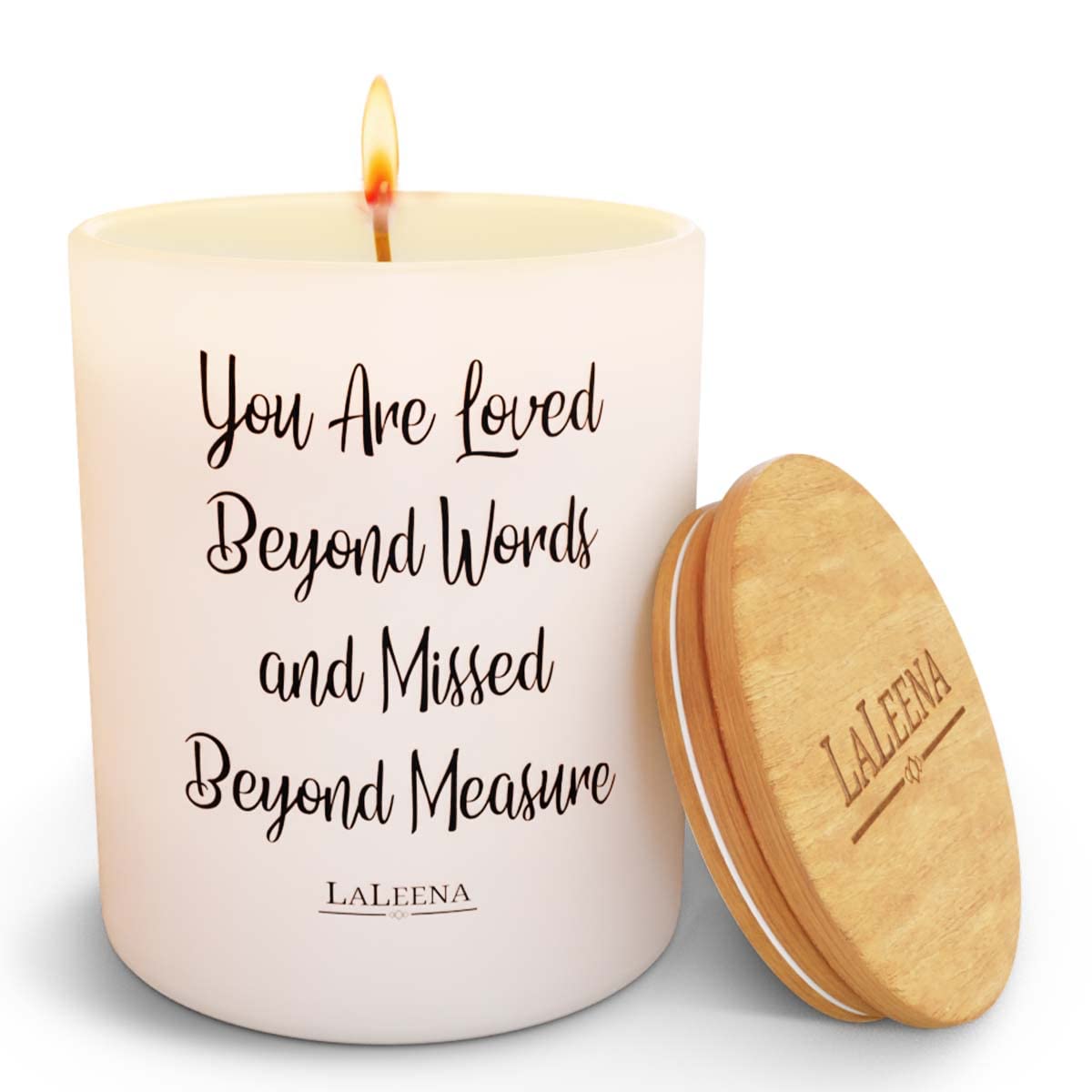 Laleena memorial candle in a glass jar with jasmine scent for remembrance and calm