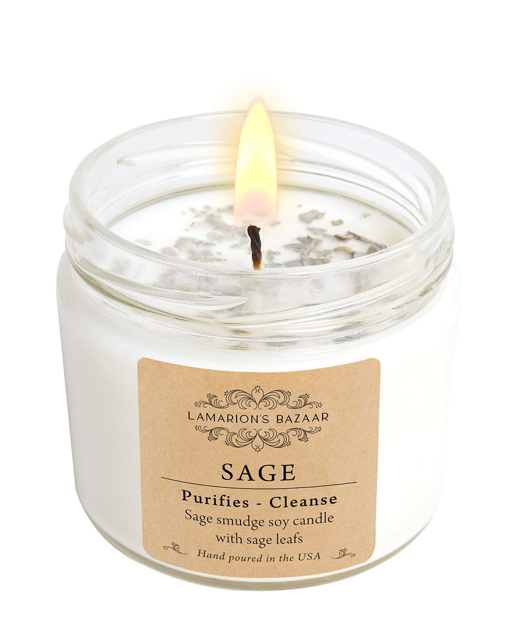 LAMARION'S BAZAAR Sage white smudge candle for cleansing ambiance.