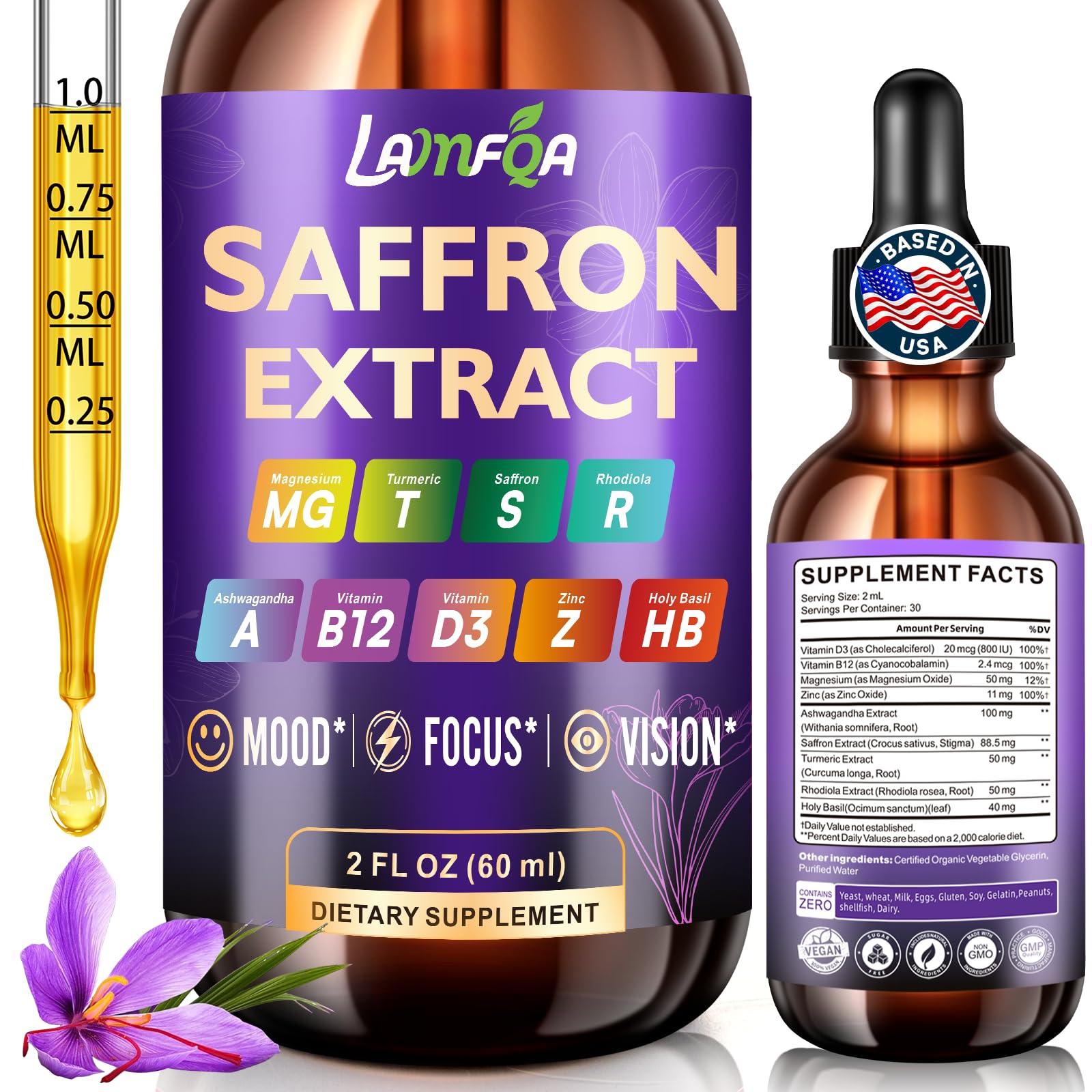 LAMFQA saffron extract tincture bottle 2oz for easy daily mood support.