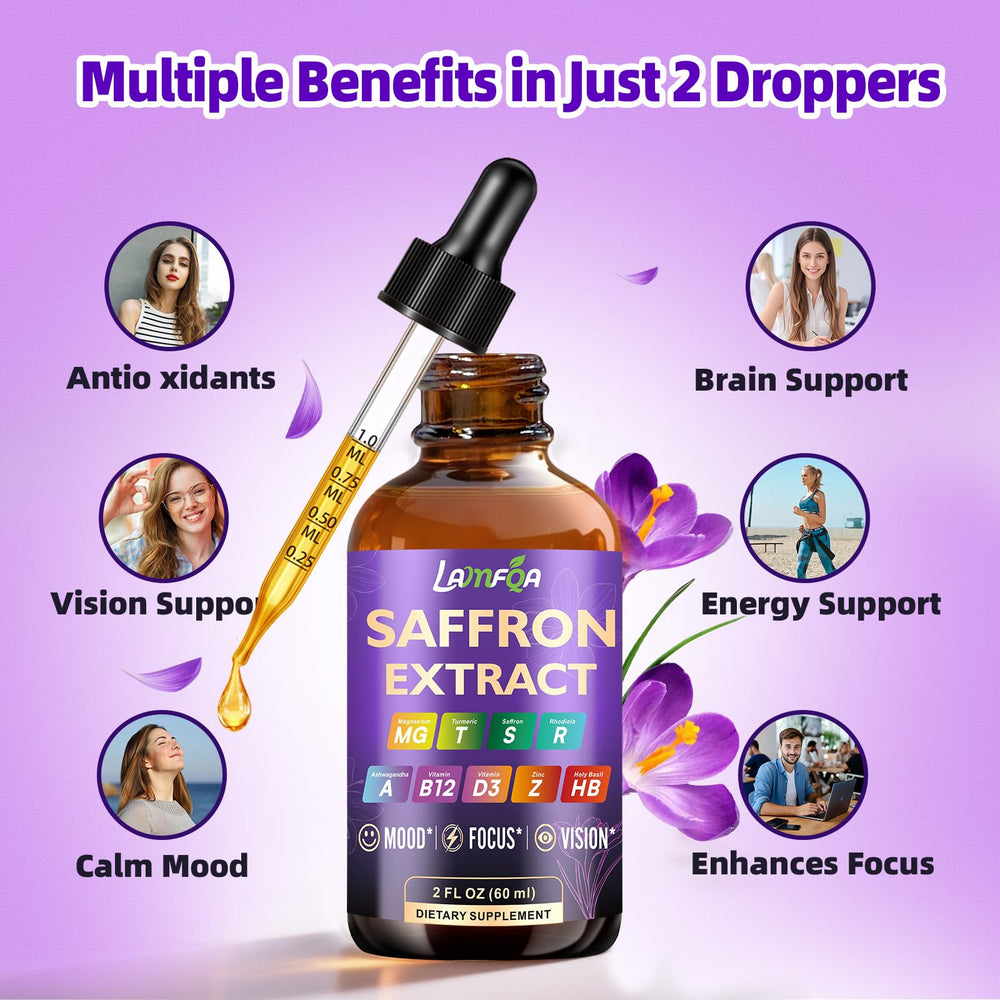 LAMFQA saffron extract tincture dropper delivers precise daily 2 mL dose.