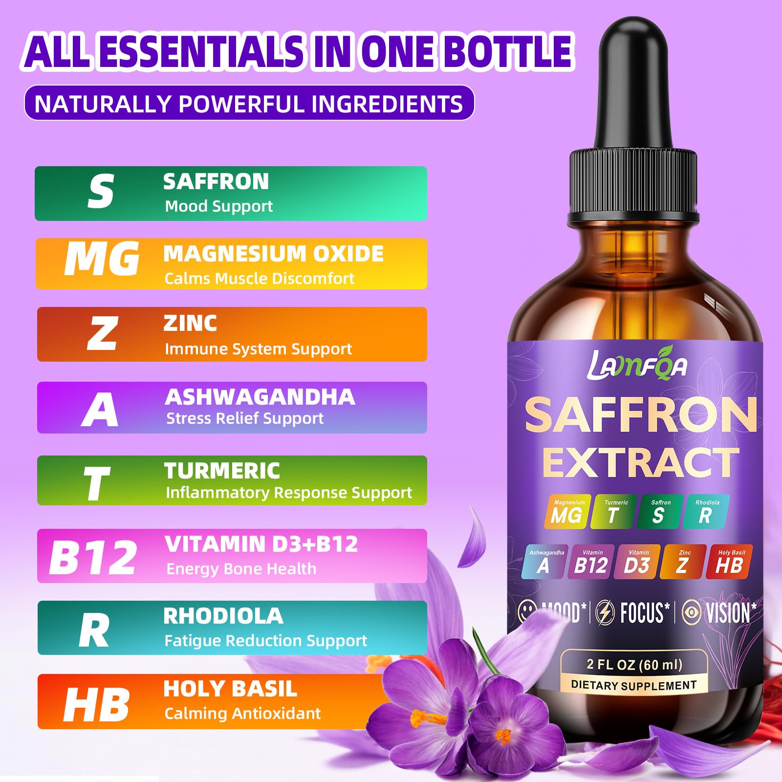 LAMFQA saffron tincture pour shows quick-absorb formula for on-the-go calm.