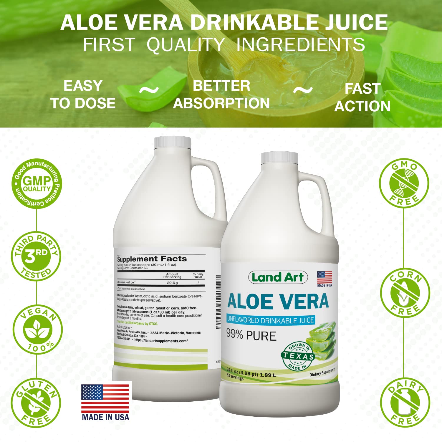Land Art amber glass bottle closeup – preserves freshness with minimal preservatives.