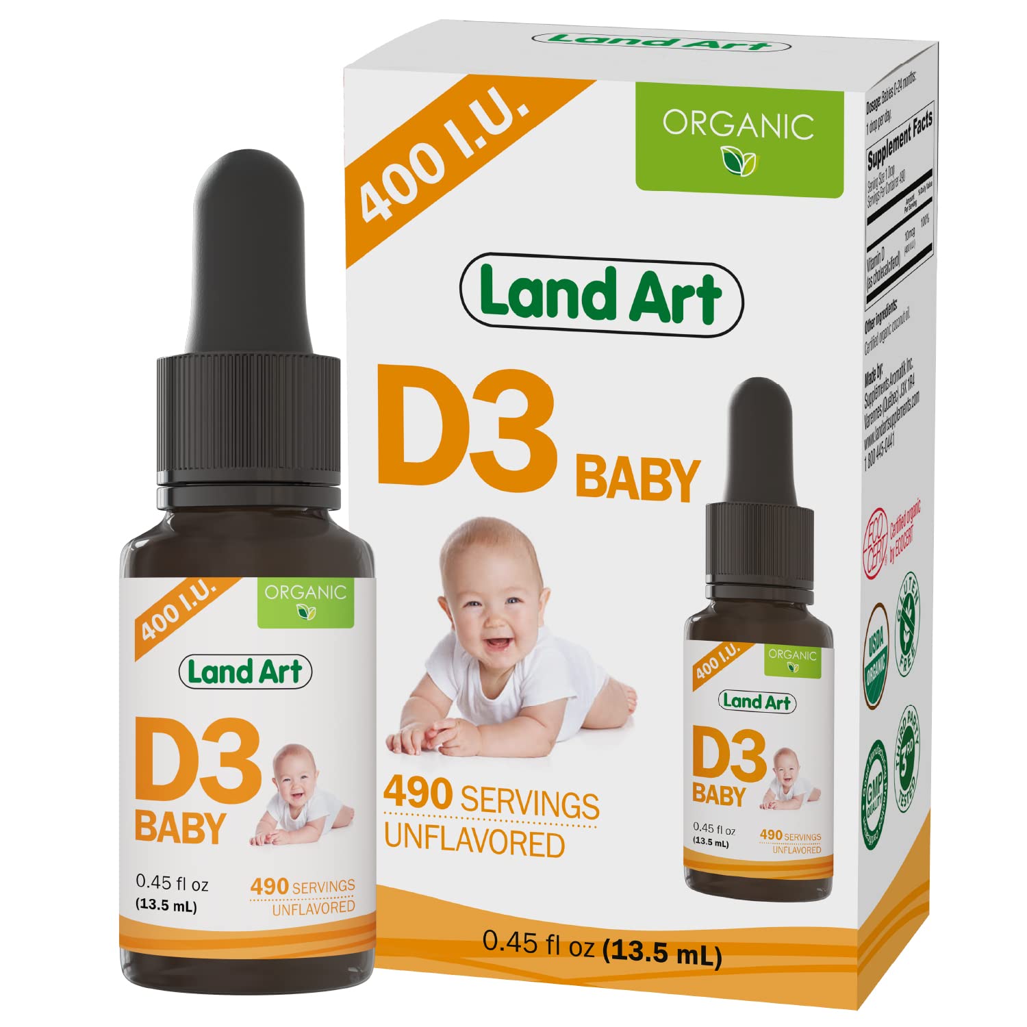 Land Art Baby Vitamin D3 Drop bottle provides 400 IU for healthy bone development