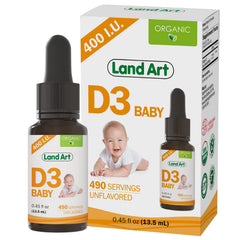 Land Art Baby Vitamin D3 Drop bottle provides 400 IU for healthy bone development