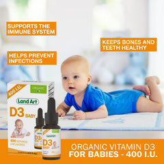 Close-up of Land Art unflavored organic D3 drops for infants