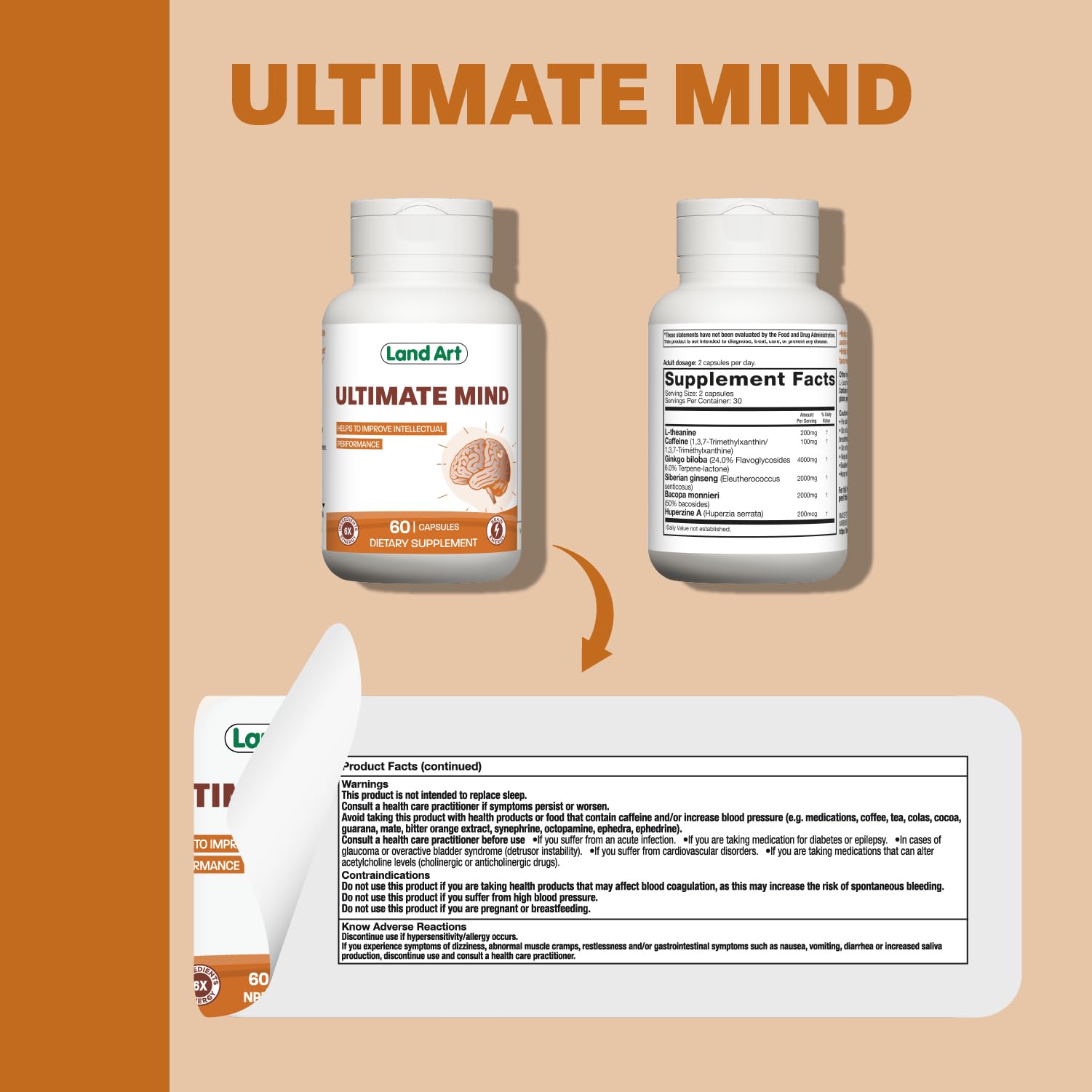 Land Art Ultimate Mind packaging box and bottle.