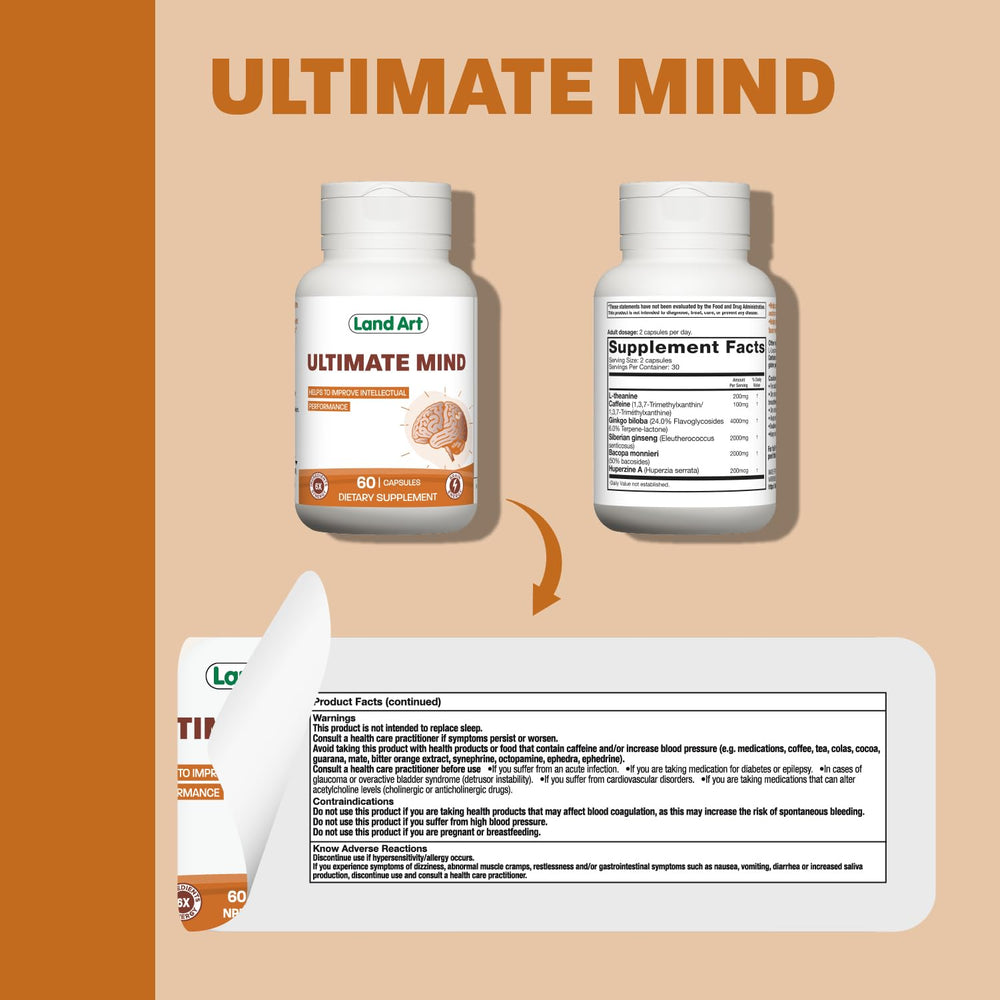 Land Art Ultimate Mind packaging box and bottle.