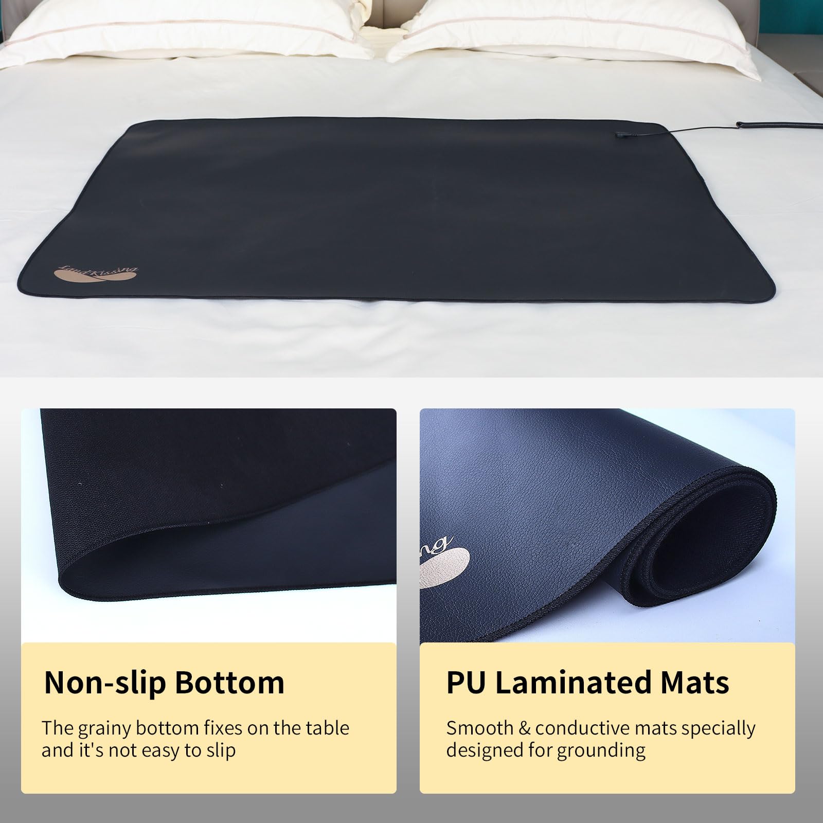 LandKissing grounding mat for bed laid flat beside cozy bedding and desk setup.