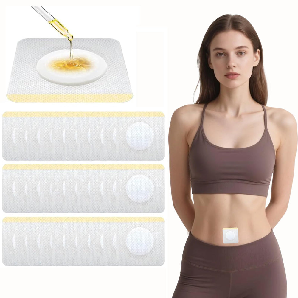LANGLI castor oil patch on belly button with secure adhesive for mess-free use.